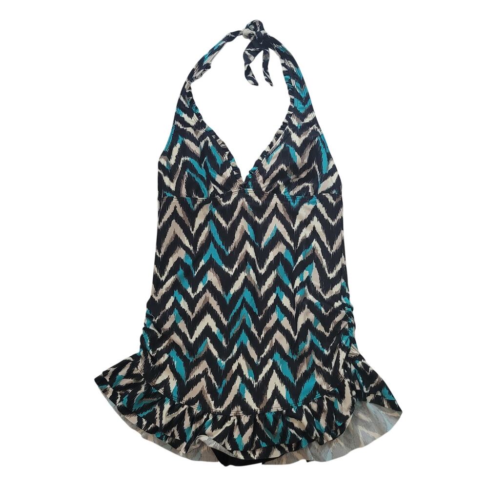 Eco Swim Size 8 Black White‎ Aqua Chevron Halter One Piece Swimsuit Dress